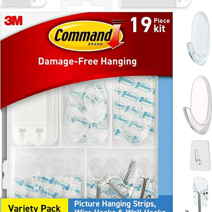 Command Variety Pack, Picture Hanging Strips, Wire Hooks and Wall Hooks, Damage Free Hanging Clear Variety Pack for Up to 19 Back to School Dorm Organizers, 1 Kit