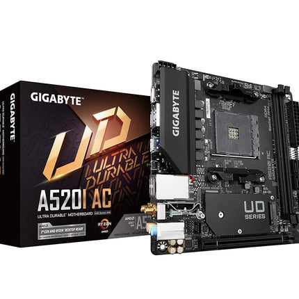 Gigabyte A520I AC (AMD Ryzen AM4/Mini-ITX/Direct 6 Phases Digital PWM with 55A DrMOS/Gaming GbE LAN/Intel WiFi+Bluetooth/NVMe PCIe 3.0 x4 M.2/3 Display Interfaces/Q-Flash Plus/Motherboard)