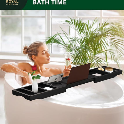 Plateau de baignoire pliable en bambou, extensible, pour baignoire, table de baignoire avec côtés extensibles - Porte-savon gratuit