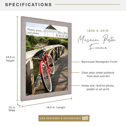 MCS Museum Poster Frame 18x24 Barnwood, Vertical & Horizontal Wall Hanging Large Picture Frame for Photos, Posters & Art Prints (1-Pack)