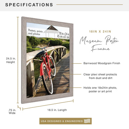 MCS Museum Poster Frame 18x24 Barnwood, Vertical & Horizontal Wall Hanging Large Picture Frame for Photos, Posters & Art Prints (1-Pack)
