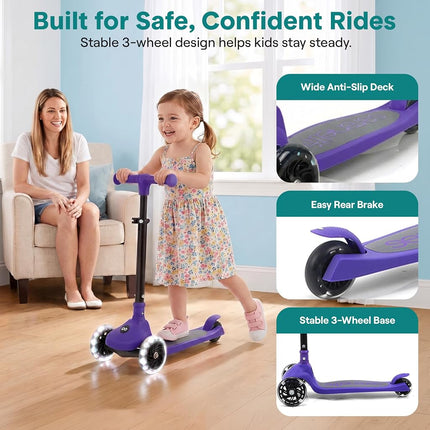 SereneLife Kids Scooter for Ages 3–7 – 3 Wheel Kick Scooter with Seat Option, Light-Up LED Wheels, Lean-to-Steer, Foldable, Adjustable Height, 50 kg Capacity