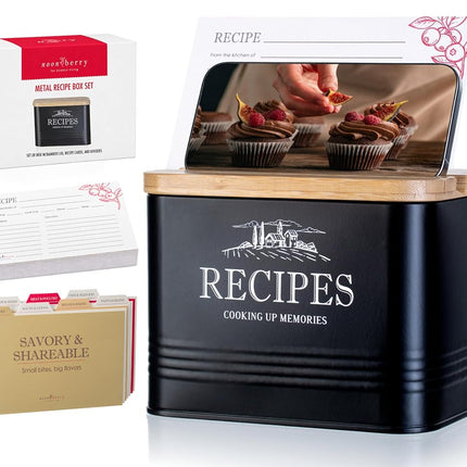 noonberry Vintage 4x6 Metal Recipe Box with Cards 