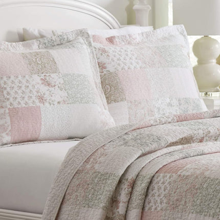 Laura Ashley - Twin Quilt Set, Reversible Cotton Bedding with Matching Sham, Patchwork Inspired Home Decor (Celina Patchwork Pink/Sage, Twin)
