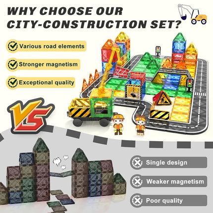 Kids Games Magnetic Tiles Road Set with Extendable Magnetic Crane, City Construction Building Toys for Toddlers STEM Preschool Toys Ages 4-6 5-7, Gifts for 3+ Year Old Boys Girls Kids Toys with Car