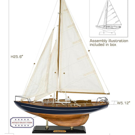 SAILINGSTORY Wooden Sailboat Decor Yacht Model Ship with Antique Finish Navy
