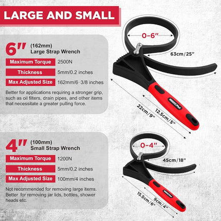 Rubber Strap Adjustable Wrench Set - 2-Piece Oil Filter Pipe Jar Opener 4"-6-3/8" Strong Grip Plumbers Universal Spanner Drain Sewer Cap Sink Pliers Nut Shower Head Valve Removal