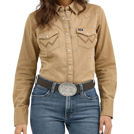 Wrangler Women's Long Sleeve Western Snap Work Shirt Blouse, Rawhide, X-Large
