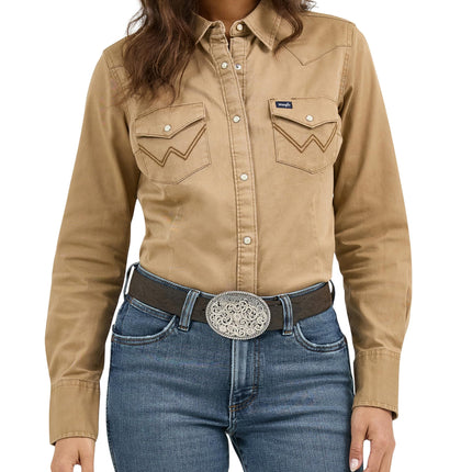 Wrangler Women's Long Sleeve Western Snap Work Shirt Blouse, Rawhide, X-Large