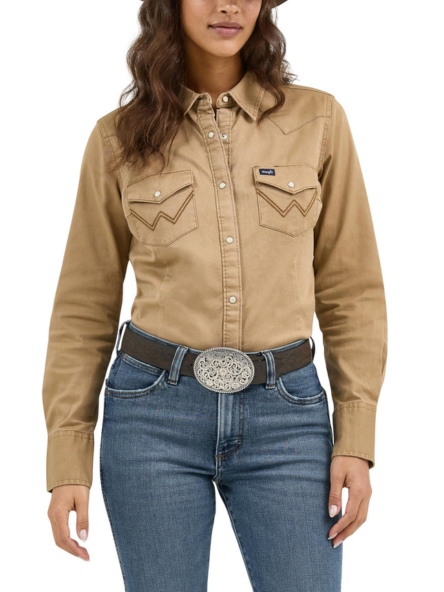 Wrangler Women's Long Sleeve Western Snap Work Shirt Blouse, Rawhide, X-Large