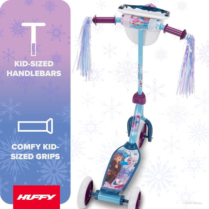 Huffy Frozen 2 Preschool Scooter, Elsa & Anna Graphics, Handlebar Bin, Three Wheels & Streamers