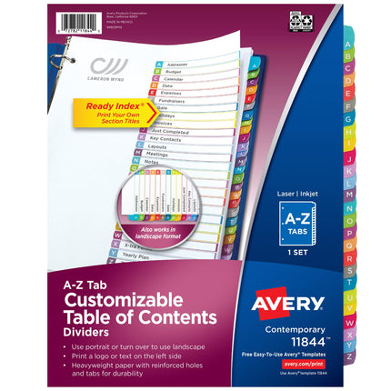 Avery A-Z 26 Tab Dividers for 3 Ring Binders, Cust