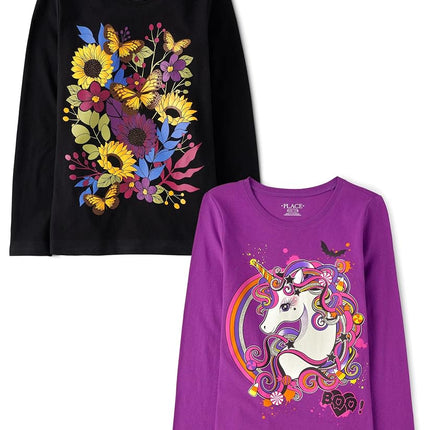 The Children's Place Girls' All Holidays Long Sleeve Graphic T-Shirts,multipacks, Halloween Unicorn/Sunflowers 2-Pack, Small