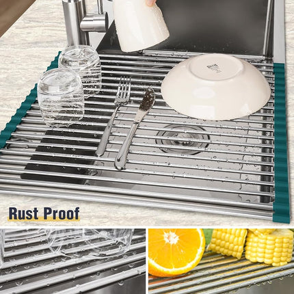 Tomorotec Roll Up Dish Drying Rack Over Sink, 304 Steel,21x15.5,Dark Green