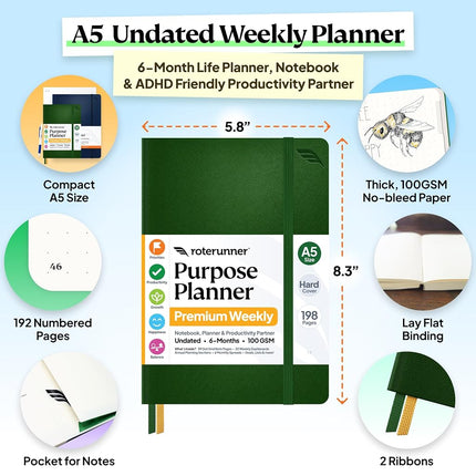 Roterunner Purpose Planner Notebook A5 5.8”x8.3” Undated Daily Planner 2024-2025 Daily Weekly and Monthly Productivity Goal Setting Tool for Work Home ADHD Planner for Adults Self Care Journal (Green