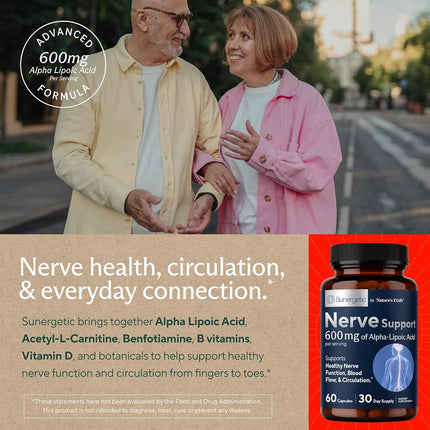 Premium Nerve Support Supplement – with Alpha Lipoic Acid (ALA) 600 mg, Acetyl-L-Carnitine (ALC) & Benfotiamine - Nerve Support Formula for Healthy Circulation, Feet, Hands & Toes - 60 Capsules