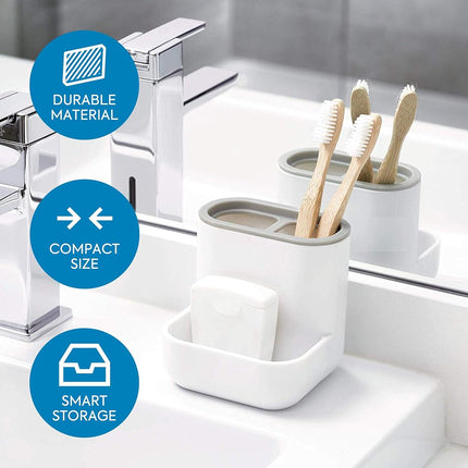 iDesign 28552 Toothbrush Holder, Compact Plastic Make-up Organiser with 3 Compartments, Sturdy Sink Caddy for Make-up Brushes and Bathroom Accessories, White and Grey, 10.4 x 10.0 x 10.2 cm