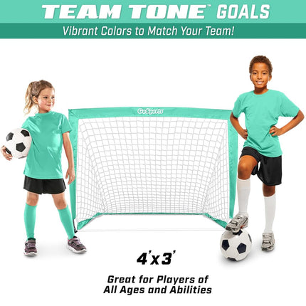 GoSports Team Tone 4 ft x 3 ft Portable Soccer Goals for Kids - Set of 2 Pop Up Nets for Backyard - Turquoise