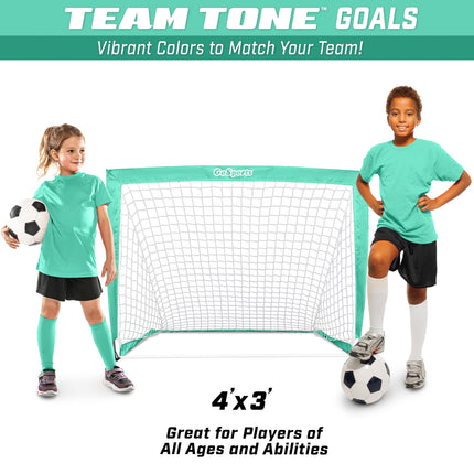 GoSports Team Tone 4 ft x 3 ft Portable Soccer Goals for Kids - Set of 2 Pop Up Nets for Backyard - Turquoise
