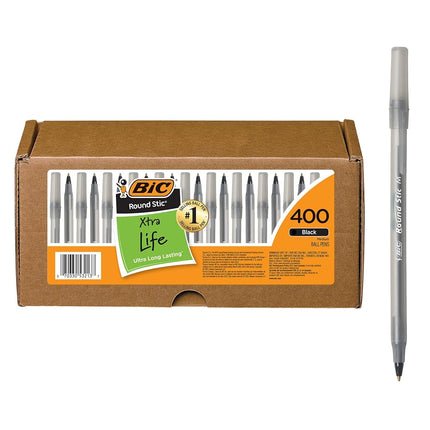 BIC Round Stic Xtra Life Ballpoint Pen, Medium Point (1.0mm), Black, Flexible Round Barrel For Writing Comfort, 400-Count
