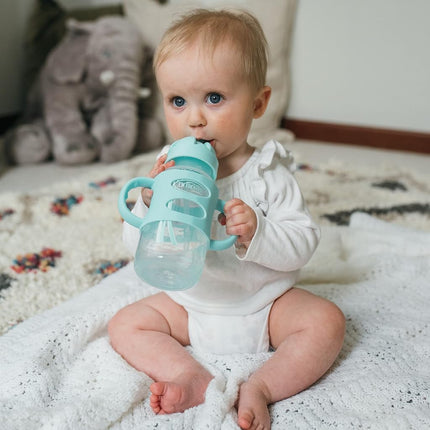 Dr. Brown's Milestones Wide-Neck Sippy Straw Bottle with 100% Silicone Handles and Weighted Straw, 9 oz/270 mL, Gray & Green, 6m+, 2 Pack