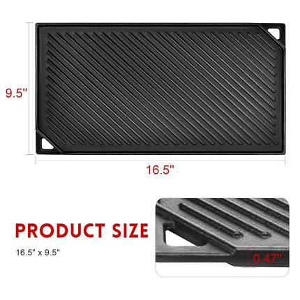 GGC Cast Iron Griddle, Reversible Flat Top Griddle for Gas Grills, Stove Tops, and Outdoor Cooking, 16.5 x 9.5 Baking Flat and Ribbed Griddle Plate for Family Cooking