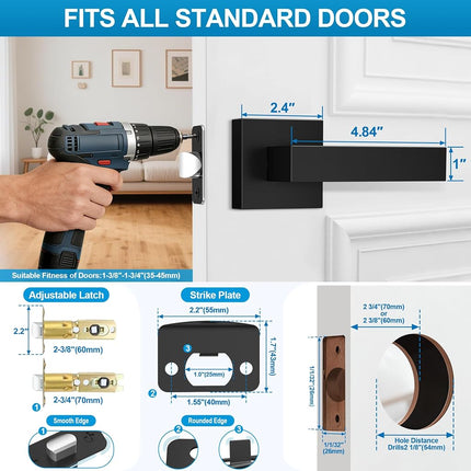 Plustool 1 Pack Matte Black Door Handles, Passage Door Levers for Hallway & Closet, Interior Keyless Door Knobs Heavy Duty Square Non-Locking Handlesets, Reversible for Left & Right Sided Doors