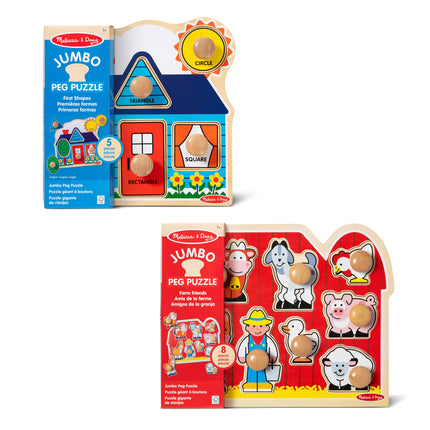 Melissa & Doug Wooden Jumbo Peg Puzzle 2-Pack for Baby and Toddler Boys and Girls � Large Farm, First Shapes