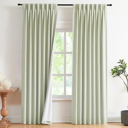 Vision Home Green Pleated Curtains Linen Blend Room Darkening Window Curtains for Living Room Bedroom Thermal Insulated with Hooks 2 Panels 40" W x 84" L