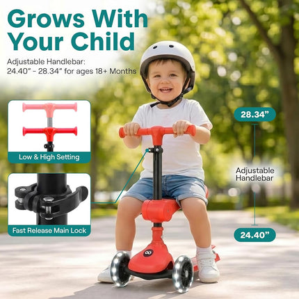 SereneLife Kids Scooter for Ages 3–7 – 3 Wheel Kick Scooter with Seat Option, Light-Up LED Wheels, Lean-to-Steer, Foldable, Adjustable Height, 50 kg Capacity