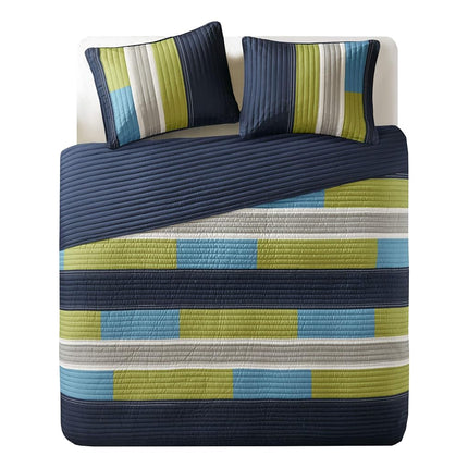 Comfort Spaces 3 Piece Quilt Coverlet Bedspread All Season Lightweight Hypoallergenic Pipeline Colorblock Kids Bedding Set, Full/Queen, Pierre Navy/Blue Stripe