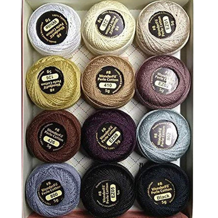 Eleganza Wonderfil #8 Perle Cotton Embroidery Thread Sampler Collection,Neutrals