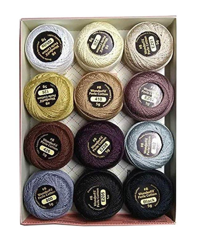 Eleganza Wonderfil #8 Perle Cotton Embroidery Thread Sampler Collection,Neutrals