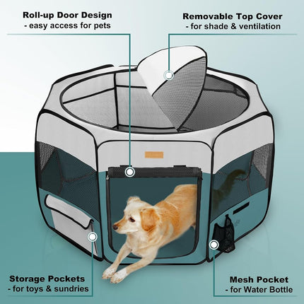 Akinerri Dog Playpen, Foldable Puppy Pet Exercise Kennel with Removable Mesh Shade Cover, Portable Pet Playpen for Pet’s Indoor or Outdoor Training