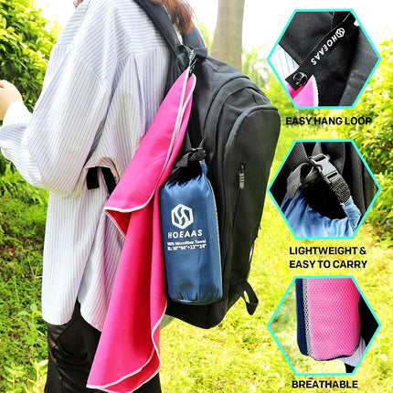 Microfiber Sport Travel Towel Set-(XL -60"x30"+24" x12)-Quick Dry, Absorbent, Ultra Compact Towels-Fit for Beach Yoga Golf Gym Camping Backpacking Hiking+Hand Towel&Carry Pouch(XL HPink)