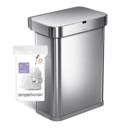 simplehuman Code Q 100 Liners, 50% Recycled Custom Fit Bin Bags in Dispenser Packs, Durable Drawstring Tie Handle, 50-65L, White