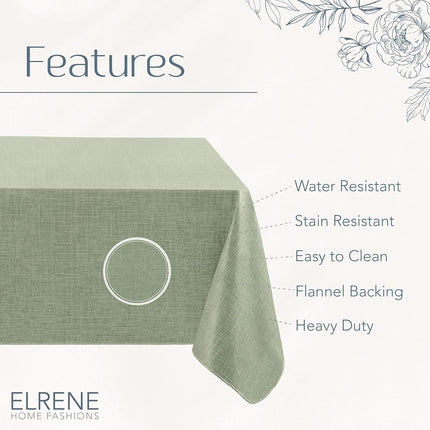 Elrene Home Fashions Monterey Linen Inspired Water- and Stain-Resistant Vinyl Tablecloth with Flannel Backing, 60 inches X 84 inches, Rectangle, Sage