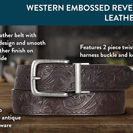 Lucky Brand Men's Reversible Genuine Leather Belt | Classic | Casual | Dress | Everyday | Western | Metal Buckle, Western Reversible - Brown/Black, 91cm