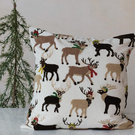 Creative Co-Op, Multicolor Square Cotton Slub Pillow with Tufted and Embroidered Reindeer