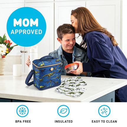Fit & Fresh Insulated Lunch Box for Kids Boys & Girls, Lunch Bag for Kids with 2 Reusable Snack Bags, School Lunch Box, Cypress Dinosaur Navy