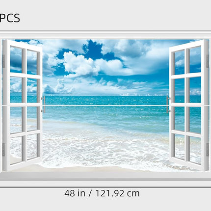 FLFK Fake Window Wall Sticker - Summer Beach Faux Window Wall Mural, Stick and Peel Wall Decals, 48"x32", Set of 2 Sheets