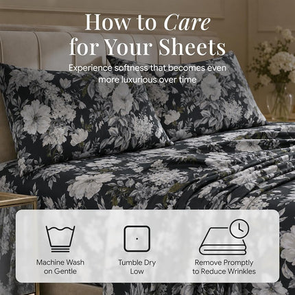 Tribeca Living Twin Bed Sheet Set, 300 Thread Count Soft Cotton Sateen, Floral Print with Extra Deep Pockets, 3-Piece Bedding Set, Vernazza Charcoal/Multicolor