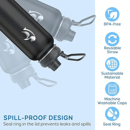 Water Bottle 32 oz Insulated with Straw, Coolflask Stainless Steel Metal 3 Lids Water Flask Wide Mouth for Sports or Office, Non-BPA Keep Cold Up to 48 Hrs or Hot Up to 24 Hrs, Ombre Black/Gray