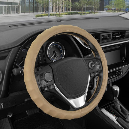 BDK Funda Genuina de Volante de Cuero Beige para Coche, Pequeña 13.5-14 pulgadas – Agarre Ergonómico Cómodo para Hombres y Mujeres, Funda de Volante para Vehículos con Volante Pequeño