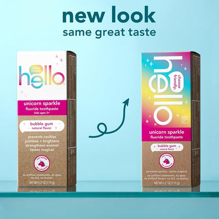 hello Unicorn Sparkle Kids Fluoride Toothpaste, Natural Bubble Gum Flavor, ADA Approved, Ages 2+, No Artificial Sweeteners, No SLS, Gluten Free, Vegan, Pack of 3, 4.2 oz Tubes