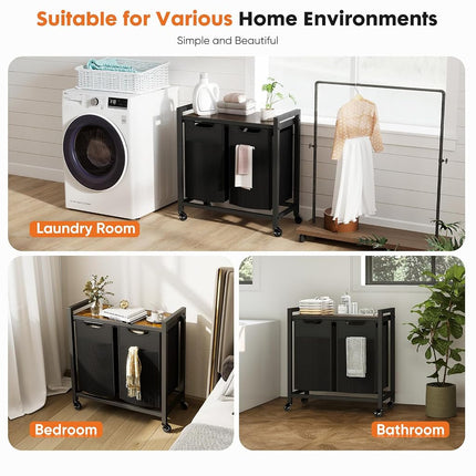 DUMOS Laundry Hamper with 2 Pull-Out Removable Sorter Bags, Movable Wheels, Freestanding Clothes Basket Organizer in Bathroom, 2 × 13.1Gal (99L) Capacity, Rustic Brown and Black