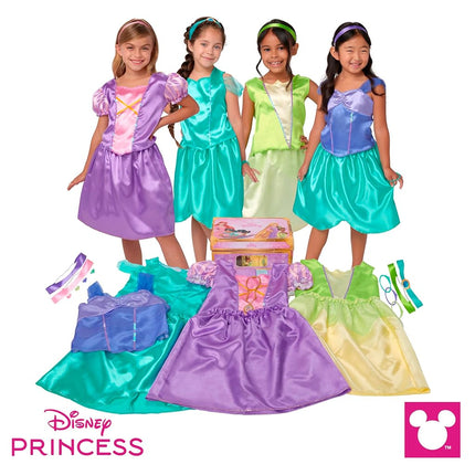 Disney Princess Adventure Princess Dress Up Trunk, 21-Piece Deluxe Dress Up Trunk Includes Tiana, Jasmine, Rapunzel and Ariel Outfits, Accessories, Storage Trunk and Stickers Included!
