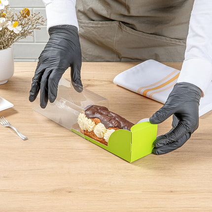 Restaurantware-7 Inch x 2.5 Inch Clear Dessert Boxes, 100 Green Paper Sleeve Transparent Candy Boxes - Geometric Line Accent, No Grease Lining, Clear Plastic Favor Box, Crack Resistant