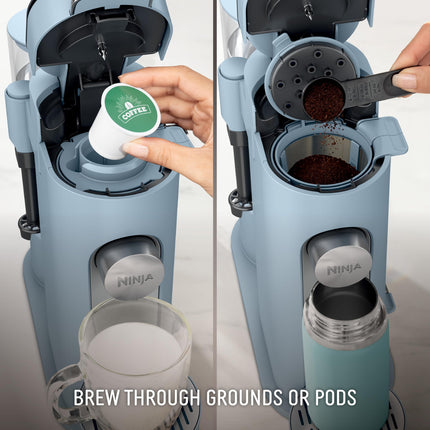 Ninja Pod & Grounds Specialty XL Single-Serve Coffee Maker, K-Cup Pod Compatible, Brews Grounds, Compact Design, Built-In Milk Frother, 68-oz. Reservoir, 6oz. Cup-24oz. Mug Sizes, Denim Blue, PB055ABL
