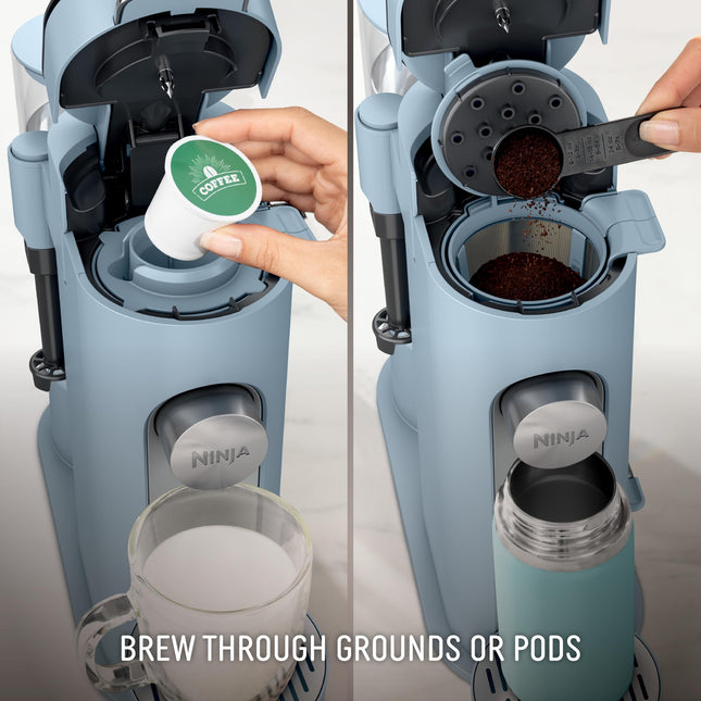 Ninja Pod & Grounds Specialty XL Single-Serve Coffee Maker, K-Cup Pod Compatible, Brews Grounds, Compact Design, Built-In Milk Frother, 68-oz. Reservoir, 6oz. Cup-24oz. Mug Sizes, Denim Blue, PB055ABL